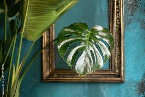 A Monstera leaf tucked into a decorative frame as part of home decor.