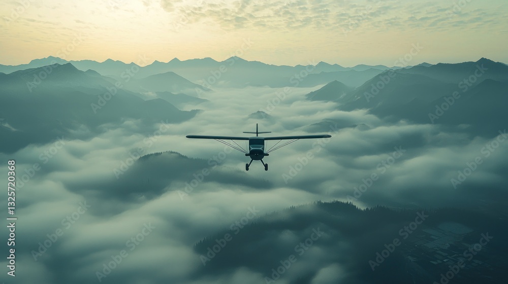 A small aircraft is flying above the mountain range and clouds A small aircraft is flying above the mountain range and clouds