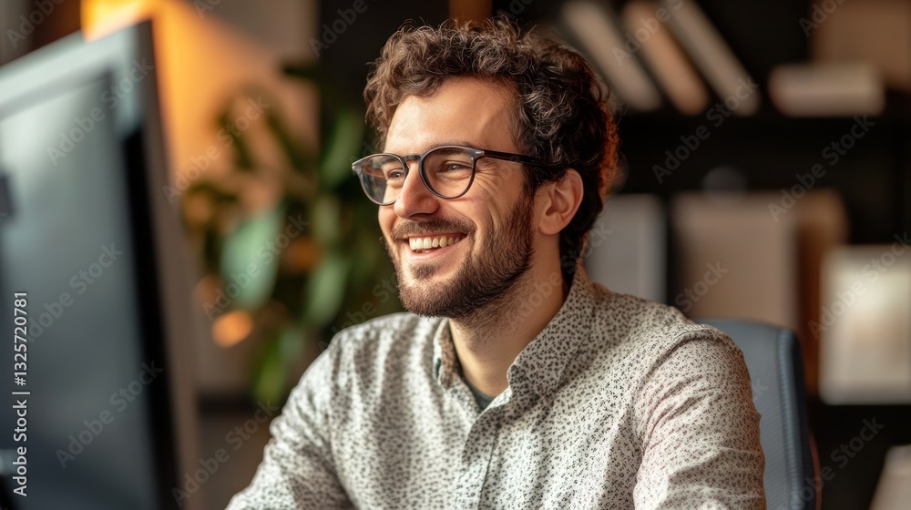 Fototapeta premium Smiling Professional Working on a Computer in a Cozy Home Office