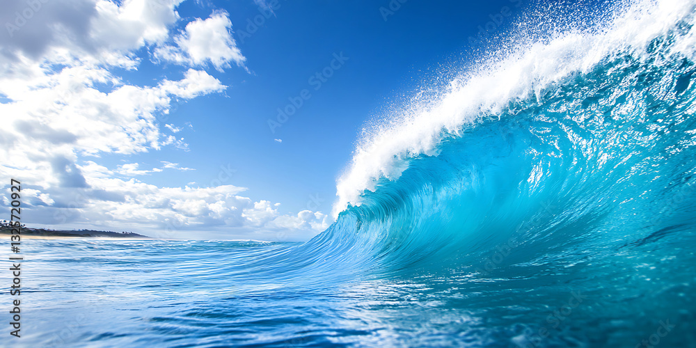 Obraz premium A powerful turquoise ocean wave crests and barrels under a bright blue sky with scattered white clouds.