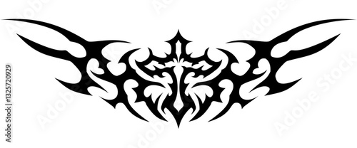 Gothic cross with neo tribal wing tattoo design with transparent background
