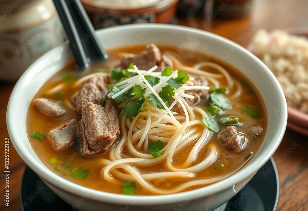 A savory Vietnamese dish with a rich beef broth, served with a side of fresh lime wedges and chili sauce A savory Vietnamese dish with a rich beef broth, served with a side of fresh lime wedges and chili sauce
