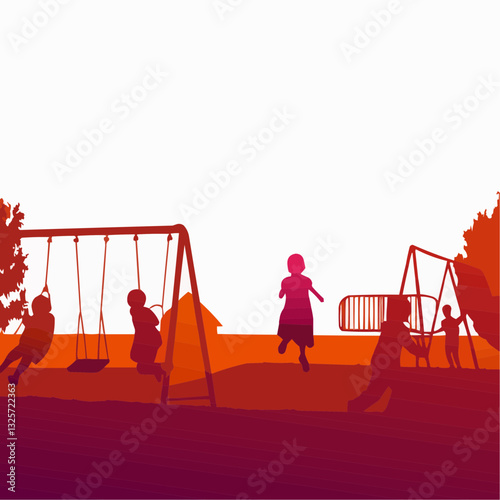 Children playing on swings in a playground during summer