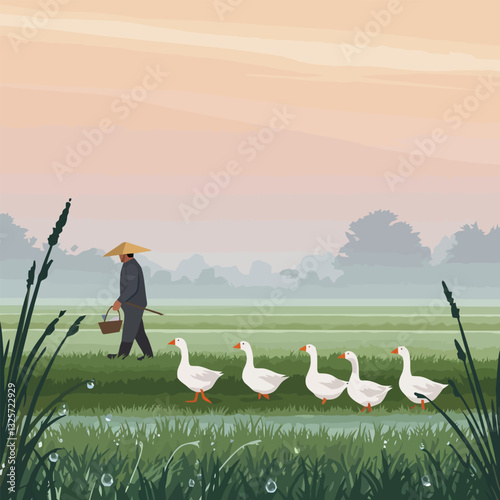 Person Walking with Geese Through Field in Early Morning Light