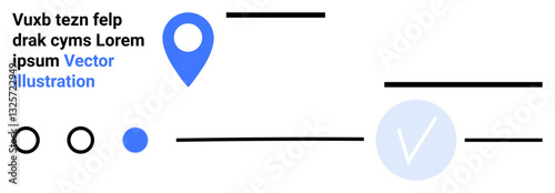 Blue geolocation icon, text with placeholder, circular shapes, lines, and a check mark. Ideal for web design, location services, modern UI, minimalistic themes tech presentations infographics