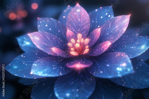 Symmetrical blue and purple gradient background with abstract flower design, blurred edges, and subtle light effects. A sense of calmness and tranquility.