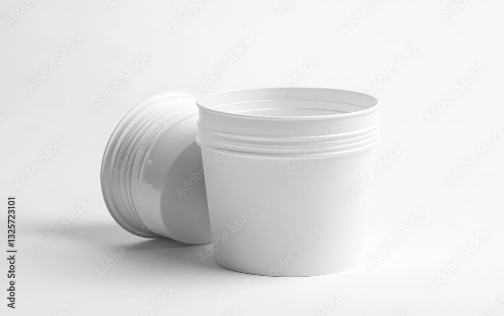 Simple white plastic containers on a light background suitable for various uses and storage solutions Simple white plastic containers on a light background suitable for various uses and storage solutions