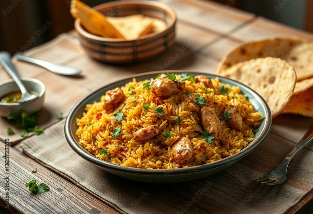 A steaming hot plate of Biryani with fresh herbs and papadum A steaming hot plate of Biryani with fresh herbs and papadum