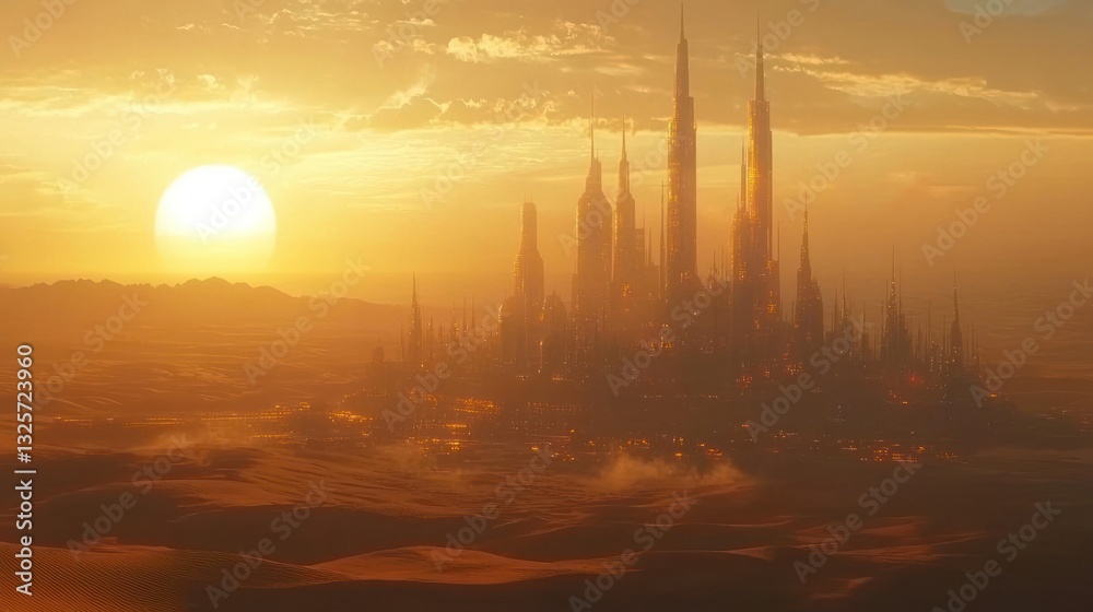 Naklejka premium A futuristic city silhouette rises from the sandy desert at sunset