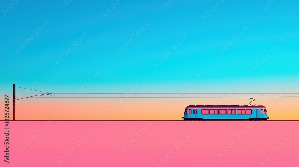 Fototapeta premium Minimal Silhouette of a Colorful Train in Motion Against a Vibrant Sky at Sunset