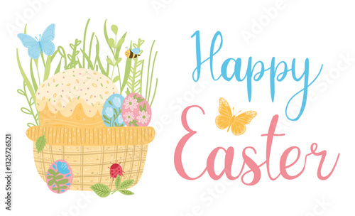 Vector flat illustration Happy Easter design with cake, basket, eggs, flowers, butterfly