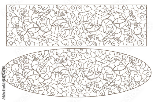 A set of contour illustrations in the style of stained glass with intertwined trunks, leaves and flowers of green peas