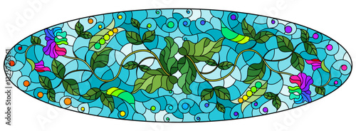 An illustration in the style of a stained glass window with intertwined trunks, leaves and flowers of green peas