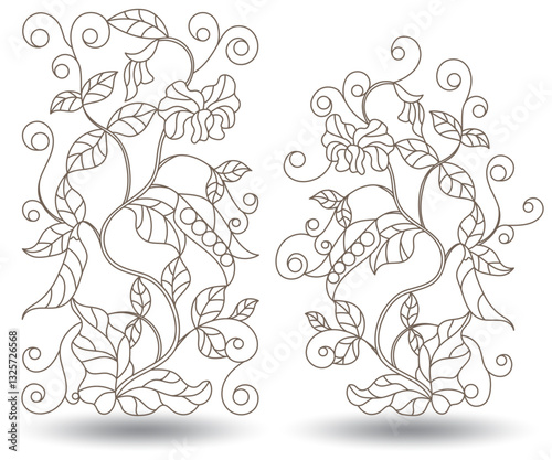 A set of contour illustrations in the style of stained glass with intertwined trunks, leaves and flowers of green peas