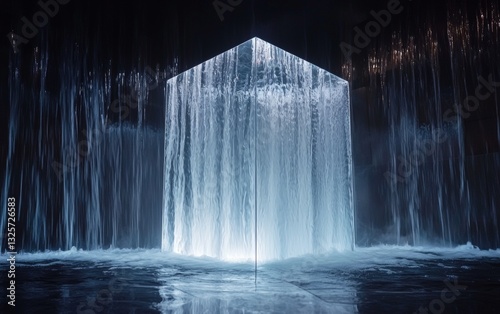 Mesmerizing water feature illuminated by light creates a tranquil atmosphere in an urban setting at night