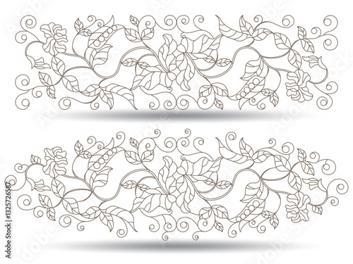 A set of contour illustrations in the style of stained glass with intertwined trunks, leaves and flowers of green peas