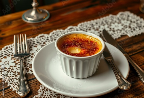 Delicious CrÃ¨me BrÃ»lÃ©e on rustic wooden table photo