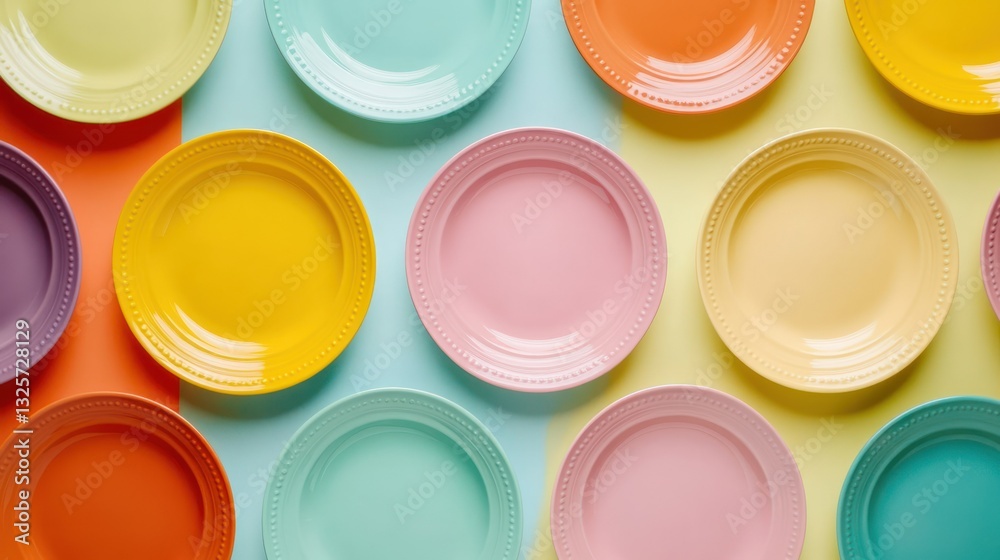 Colorful plates pastel background flatlay Colorful plates pastel background flatlay