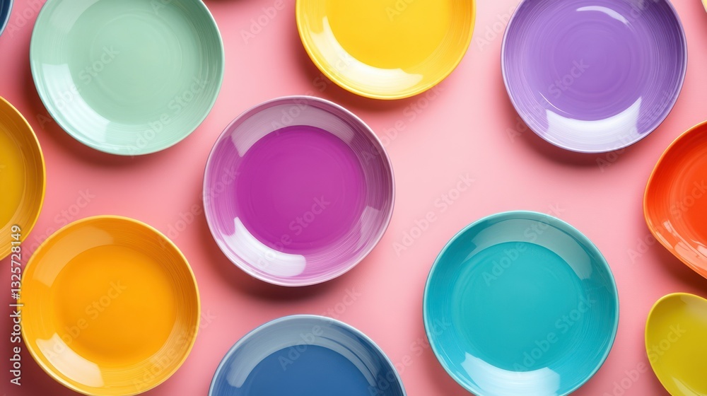 Colorful plates, pink background, food blog Colorful plates, pink background, food blog