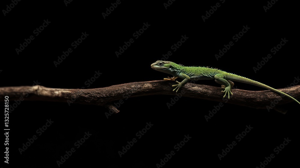 Fototapeta premium Emerald Anolis on Dark Branch: A Stunning Portrait of Nature's Majesty