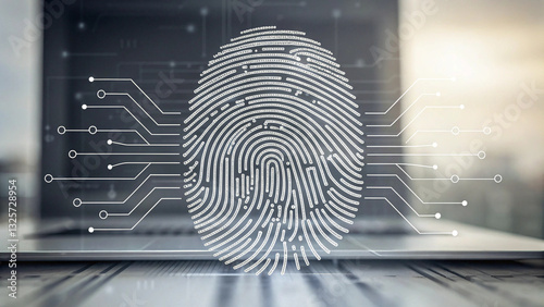 Digital Footprint Concept Stylized fingerprint with digital circuits on laptop background, symbolizing technology and security