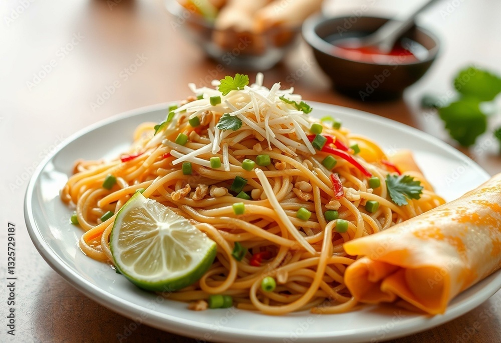 Stir-fried noodles with shrimp, tofu, and vegetables, served with a side of crispy fried spring rolls and garnished with fresh ingredients. Stir-fried noodles with shrimp, tofu, and vegetables, served with a side of crispy fried spring rolls and garnished with fresh ingredients.