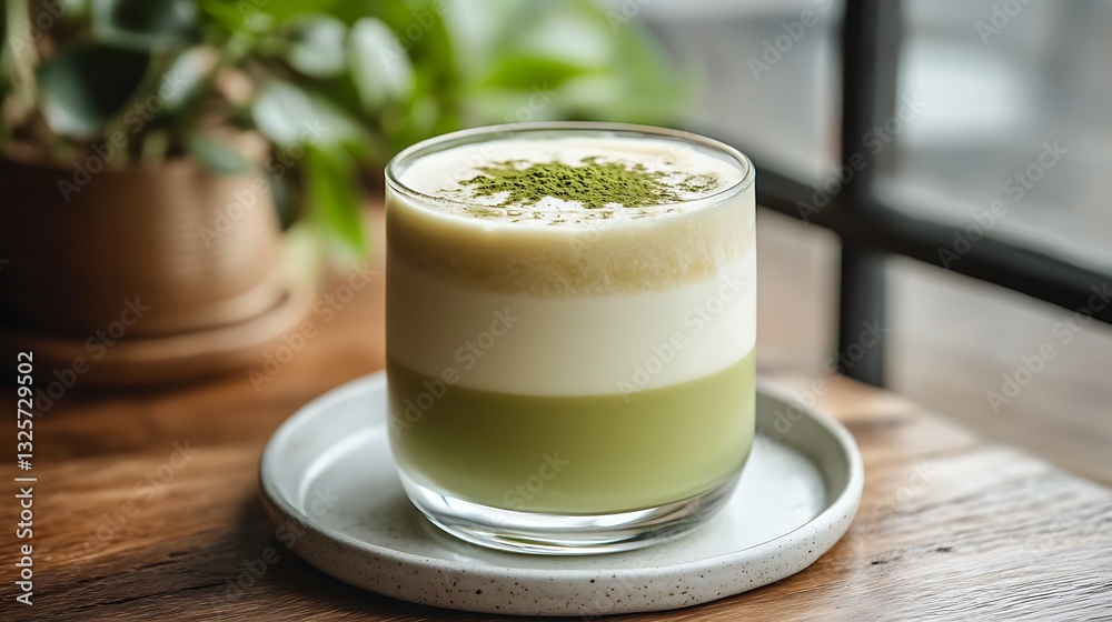 A pristine iced matcha latte, matcha layer sitting delicately above a creamy milk base, served in a straight-sided glass, placed on a minimal white plate, A pristine iced matcha latte, matcha layer sitting delicately above a creamy milk base, served in a straight-sided glass, placed on a minimal white plate,