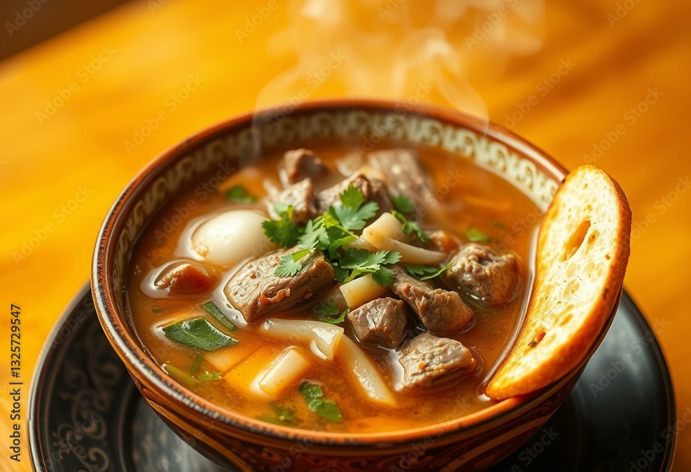 A steaming hot Pho bowl with savory broth, tender beef slices, and fresh herbs A steaming hot Pho bowl with savory broth, tender beef slices, and fresh herbs