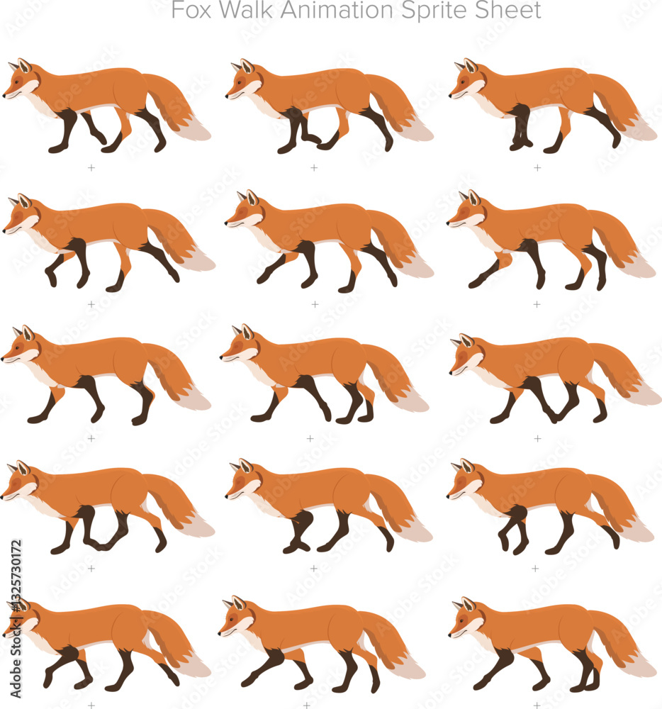 Obraz premium Fox Walking Animation, Fox Animation Sprite sheet, fox vector illustration