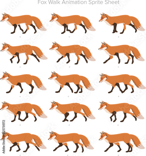 Fox Walking Animation, Fox Animation Sprite sheet, fox vector illustration