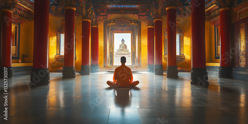 Monk meditating in orange robes inside a temple hall with sunlight illuminating a distant Buddha statue.