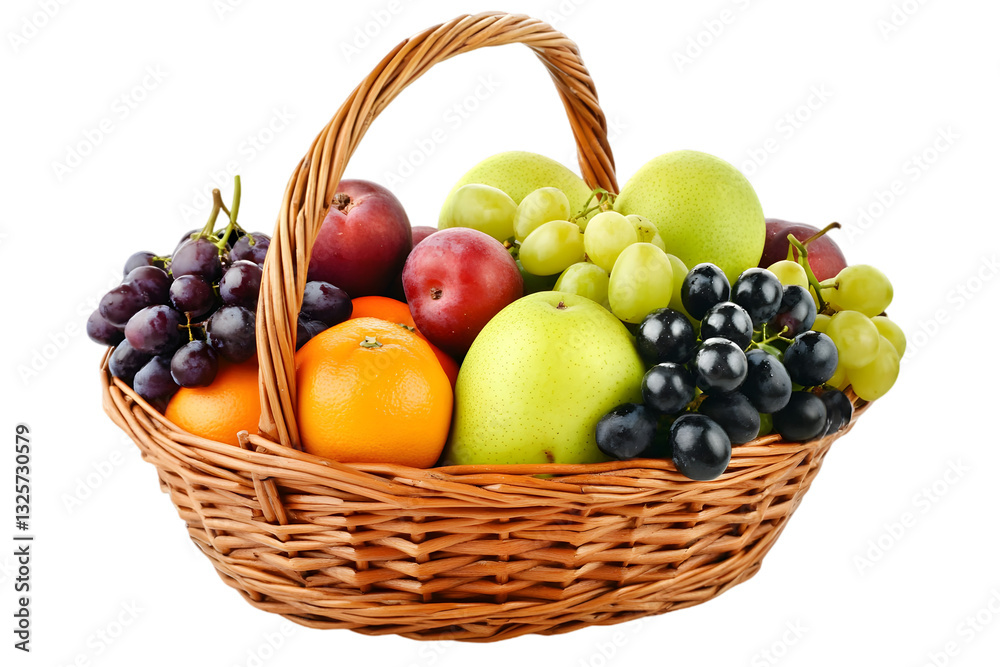 Basket Filled with Fresh Assorted Fruits Grapes Apples Plums and Mandarins on Transparent Background Basket Filled with Fresh Assorted Fruits Grapes Apples Plums and Mandarins on Transparent Background