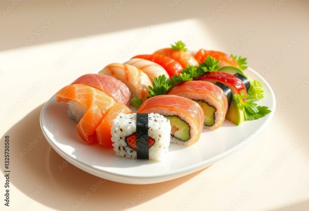 Fresh sushi platter with salmon, tuna, and avocado Fresh sushi platter with salmon, tuna, and avocado