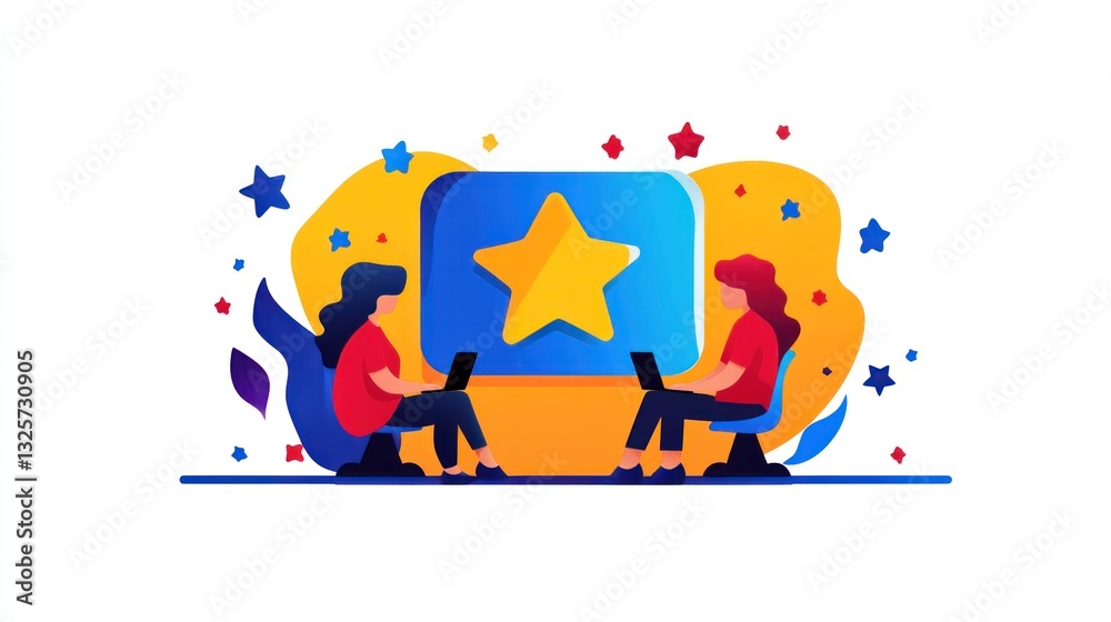 Obraz premium Two people working on laptops with a large star symbol