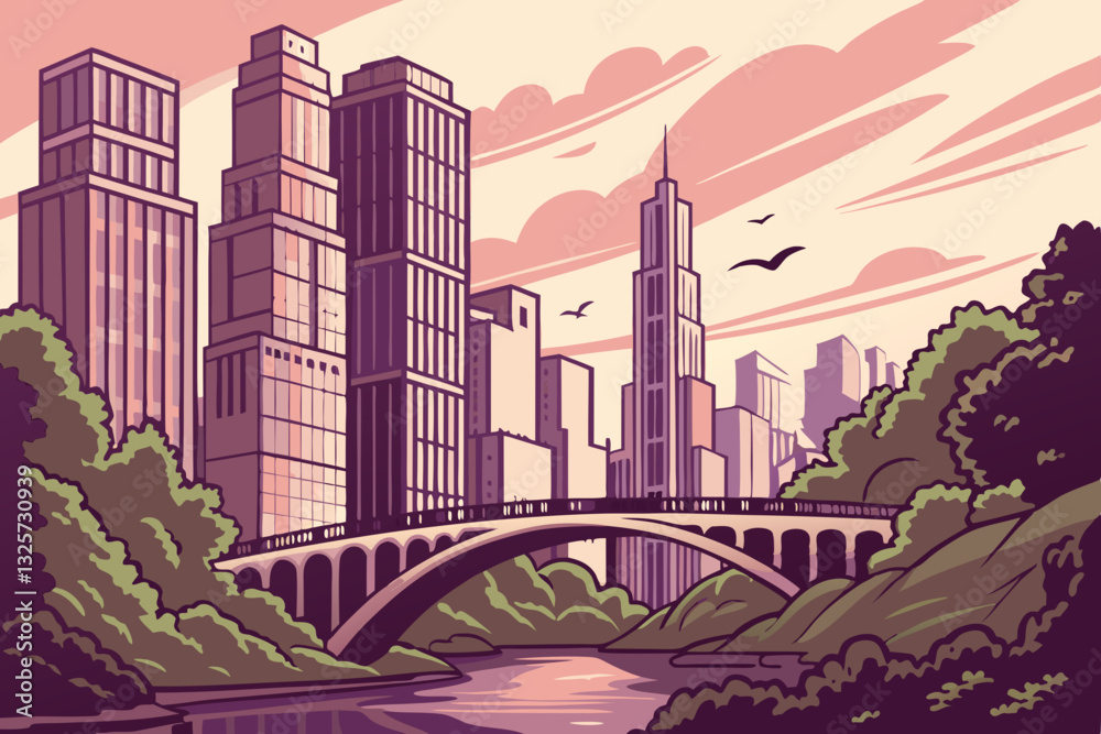 Obraz premium Stunning Urban Cityscape Vector Illustration – Modern Skyline Silhouette at Night