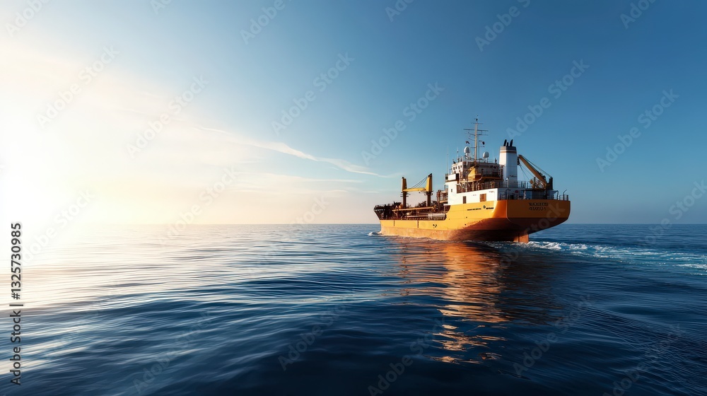Fototapeta premium Yellow industrial ship navigating through calm blue waters under a bright sky with gentle clouds and soft sunlight