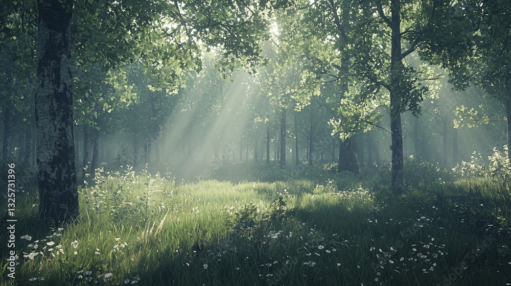 Obraz premium Sunbeams illuminate a misty forest clearing.