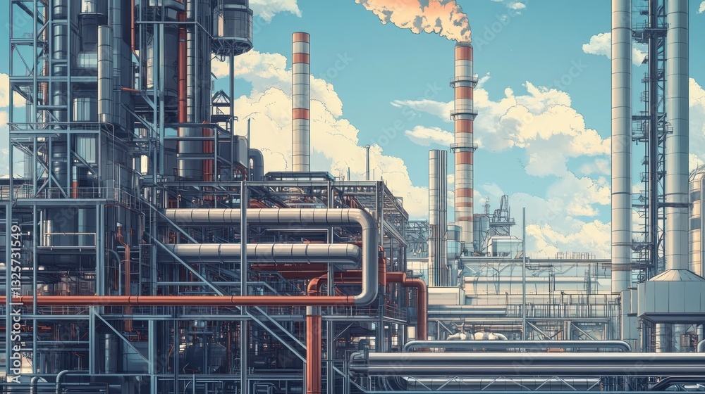 Fototapeta premium Industrial Refinery Complex Pipes, towers, smoke, sunny sky, energy production