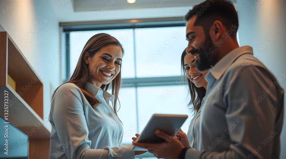 Three professionals in a collaborative office environment, discussing work while using a tablet. The modern workspace features natural lighting and sleek decor.