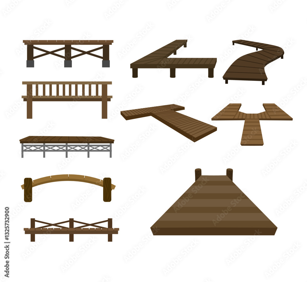 A versatile collection of wooden pier and dock illustrations, showcasing various designs and angles, for seaside scenes, fishing themes, travel designs, and nature projects