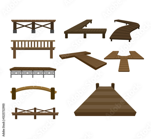 A versatile collection of wooden pier and dock illustrations, showcasing various designs and angles, for seaside scenes, fishing themes, travel designs, and nature projects