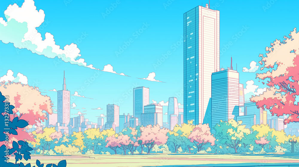 公園と高層ビルが調和する都会の風景｜広々とした空間と開放的な都市デザイン｜清潔感のあるモダンなオフィス街｜青空に映えるガラス張りの建築｜雲の流れる都会のスカイライン｜爽やかで洗練された街並み｜都会のランドマークとなる高層ビル｜落ち着いた印象の都市風景