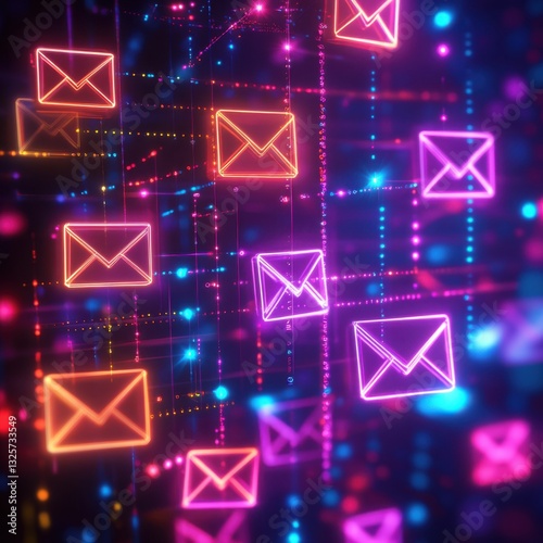 Neon Email Network: A vibrant digital landscape of glowing email symbols, illustrating the interconnectedness of communication in the digital age.