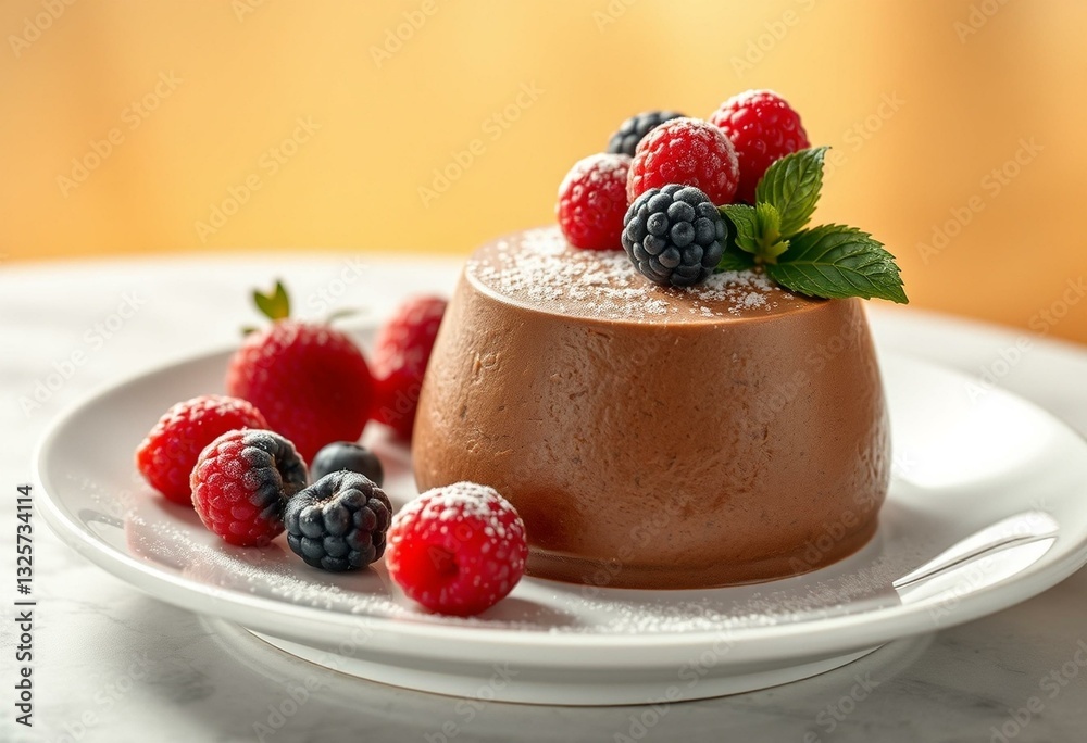 Rich chocolate mousse, fresh berries, powdered sugar, elegant plate, warm beige, golden hues Rich chocolate mousse, fresh berries, powdered sugar, elegant plate, warm beige, golden hues
