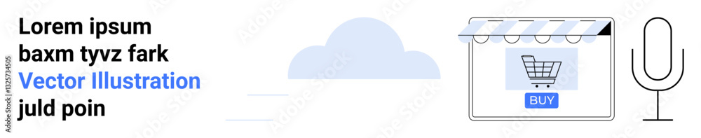Online purchase button in a digital storefront, cloud in the background, and microphone icon for voice command. Ideal for e-commerce, technology, innovation, convenience, user experience, online Online purchase button in a digital storefront, cloud in the background, and microphone icon for voice command. Ideal for e-commerce, technology, innovation, convenience, user experience, online