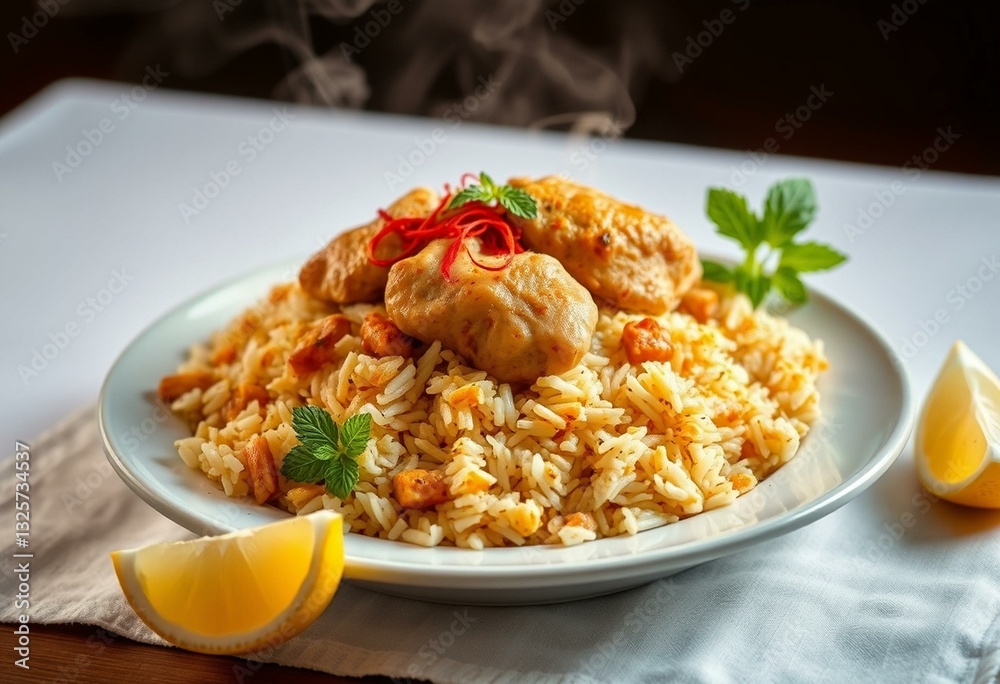 Aromatic steaming hot Biryani on a white tablecloth Aromatic steaming hot Biryani on a white tablecloth