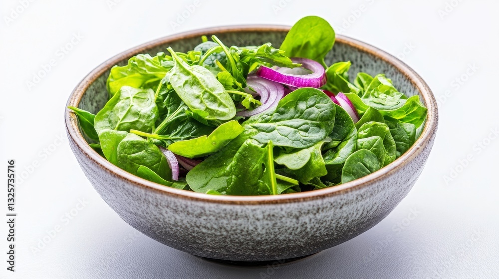 Fresh Spinach Salad with Red Onion in Rustic Bowl on White Background Fresh Spinach Salad with Red Onion in Rustic Bowl on White Background