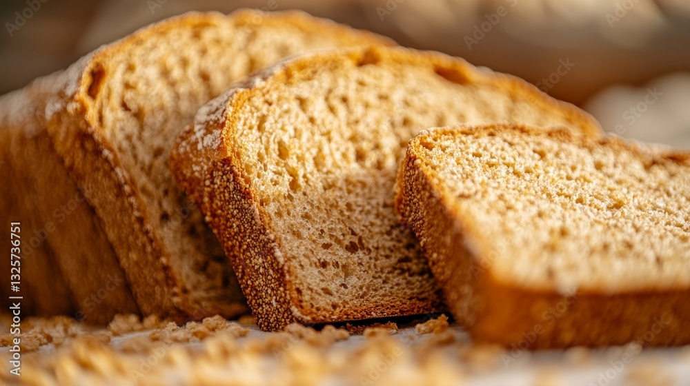 Freshly Baked Whole Grain Bread Slices on Wooden Surface Freshly Baked Whole Grain Bread Slices on Wooden Surface