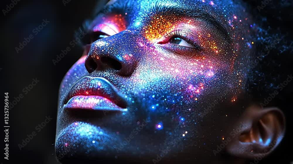 A close-up portrait of a person with a galaxy-themed face paint, set against a dark background, evoking cosmic beauty A close-up portrait of a person with a galaxy-themed face paint, set against a dark background, evoking cosmic beauty
