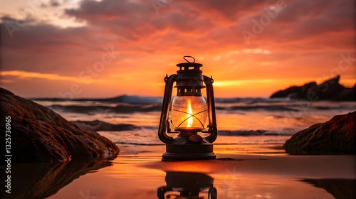 A Lone Lanterns Warm Glow At Sunset, Casting A Peaceful Reflection On The Oceans Edge, With Fiery Skies And Dark Rocks